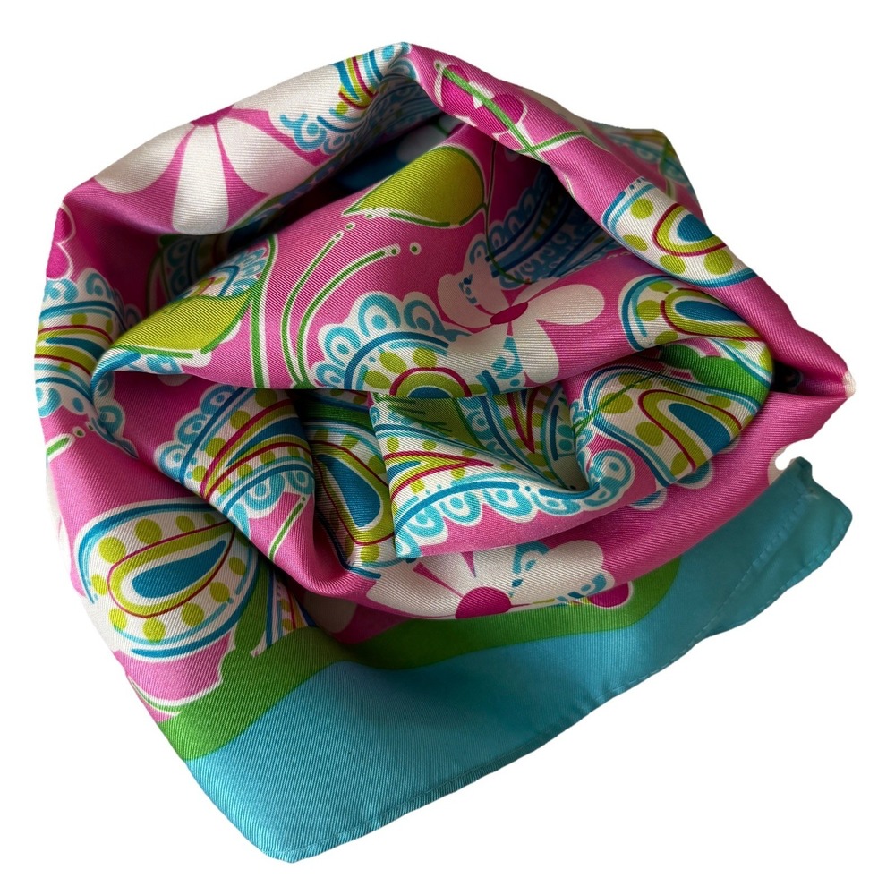 Vintage 2004 Lilly Pulitzer x Ford Warriors in Pink Silk Paisley Pink Blue Scarf - Picture 5 of 10